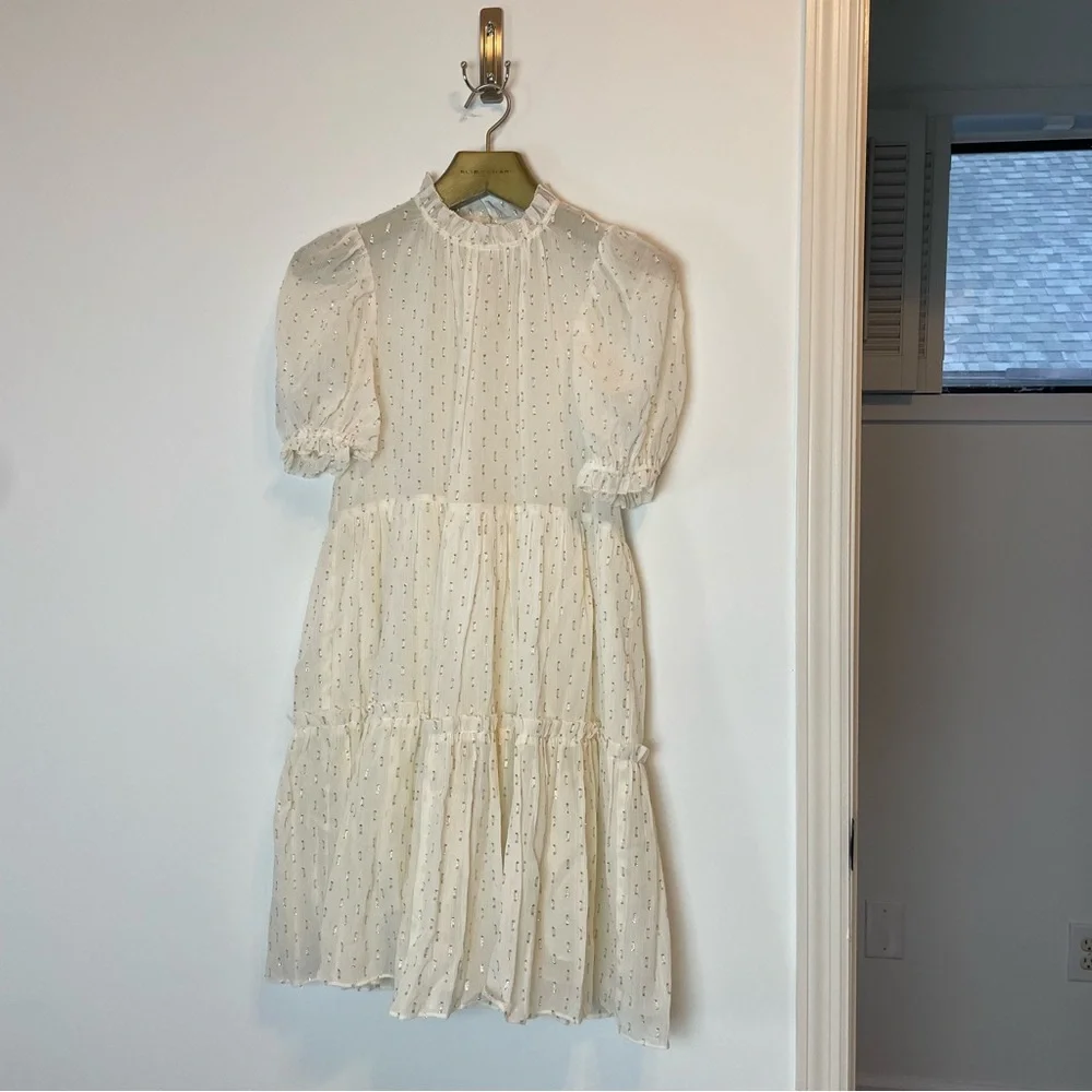 ULLA JOHNSON Dhalia Lurex Tiered Puff Sleeve Metallic Mini Dress \\ 0 - Picture 2 of 10